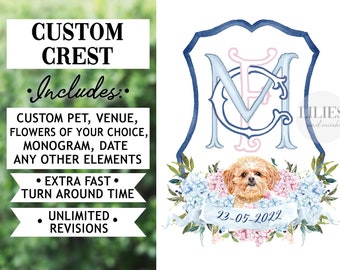 Custom Watercolor Wedding Crest with Pet and Venue (Digital File)