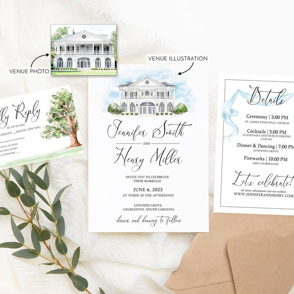 Custom Watercolor Wedding Venue Invitation, Venue Wedding Invitation, Watercolor Venue Invite, Custom Invitation With Watercolor Venue,