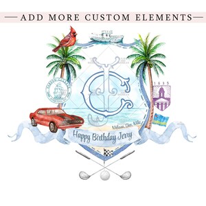May include: A watercolor illustration of a crest with a blue and white monogram "J" in the center. The crest is surrounded by various elements, including a red cardinal, palm trees, a red car, a sailboat, a building, a golf club and ball, and a blue ribbon with the text "Happy Birthday Jerry".