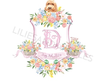 Custom Watercolor Wedding Crest with Dog Portrait