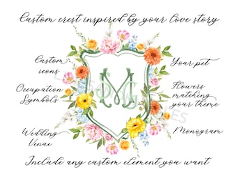 Custom Watercolor Wedding Crest: Personalized Floral Crest, Monogram