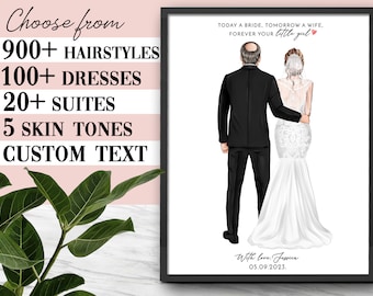 May include: A digital illustration of a bride and groom walking down the aisle. The bride is wearing a white wedding dress with lace detailing. The groom is wearing a black suit. The text "TODAY A BRIDE, TOMORROW A WIFE, FOREVER YOUR LITTLE GIRL" is written above the couple. The text "With love, Jessica 05.09.2023." is written below the couple.