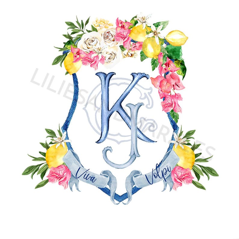 May include: Watercolor design featuring a blue shield with the letters "K" and "J". The shield is adorned with lemons, pink bougainvillea, white roses, and green leaves. A banner reads "Viva Volpi".