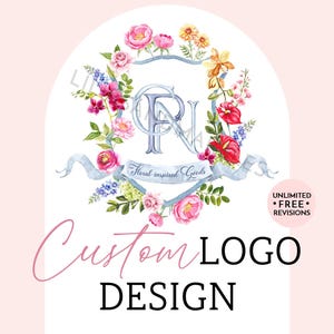 May include: A custom logo design with a floral wreath of pink and red flowers, a blue ribbon, and the letters "FN". The text "Floral inspired Goods" is on a banner, with "Custom Logo Design" below. The design is on a white background.