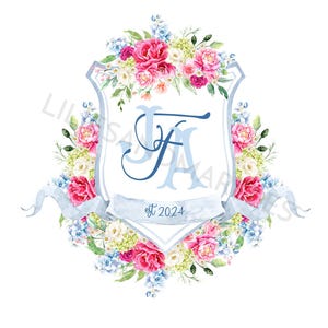 May include: Watercolor floral crest design featuring pink and red roses, blue hydrangeas, and white flowers. The crest includes the initials "JA" in blue script and the text "est 2024" on a banner.
