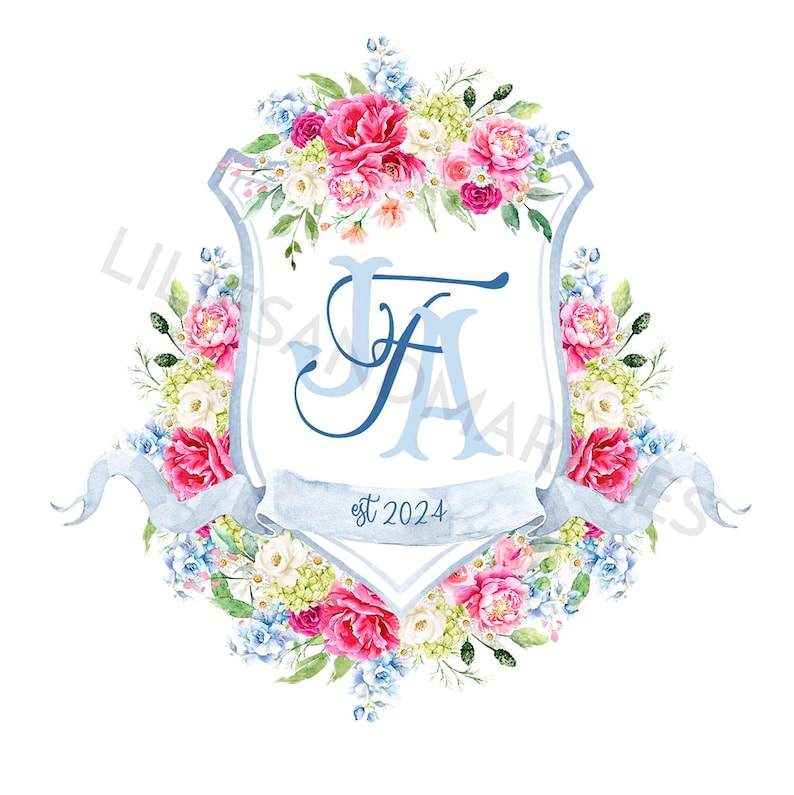 May include: Watercolor floral crest design featuring pink and red roses, blue hydrangeas, and white flowers. The crest includes the initials "JA" in blue script and the text "est 2024" on a banner.