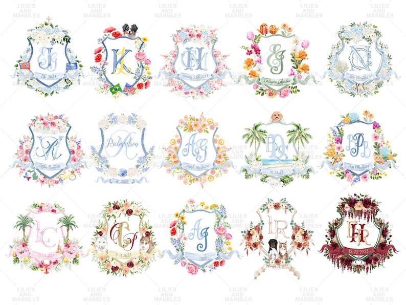 May include: A collection of watercolor crest designs featuring floral arrangements, ribbons, and personalized initials. Each crest includes a date, with some incorporating animal illustrations. The color palette includes blues, pinks, and greens.