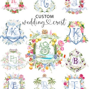 May include: Watercolor wedding crest designs with floral and palm tree accents. Each crest features initials, dates, and decorative elements like lemons, flowers, and ribbons. The text "CUSTOM wedding crest" is displayed.