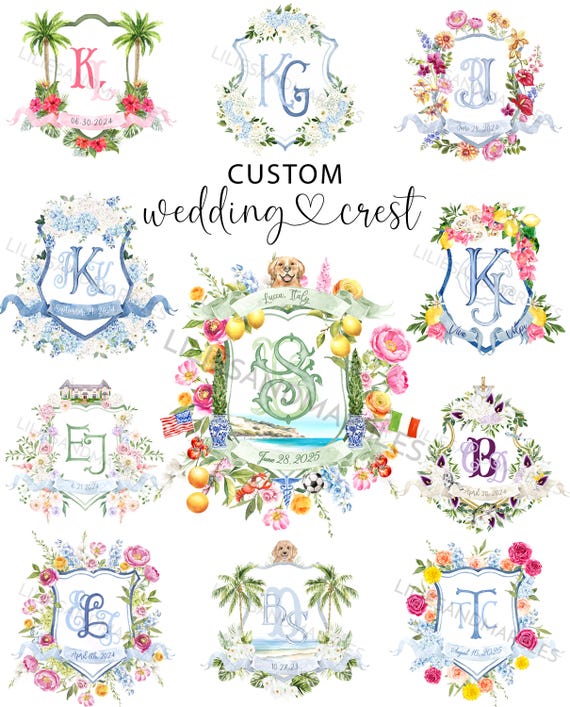 Custom Wedding Crest, Watercolor Wedding Logo, Custom Wedding Monogram