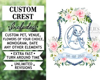 Custom Watercolor Wedding Crest with Pet, Venue & Flowers (Digital File)