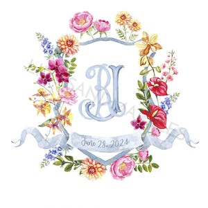 May include: Watercolor floral design with a light blue ribbon and a central monogram. The design features pink, yellow, and red flowers, with the date "June 28, 2024" on a banner. The monogram includes the letters "B" and "I".