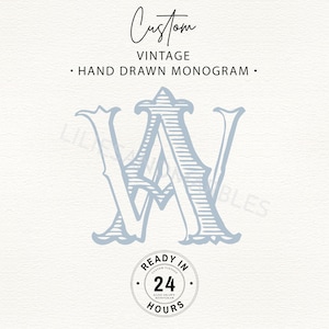 Peut inclure: Un monogramme vintage bleu clair avec les lettres "A" et "W" dans un style orné et dessiné à la main. Le design comprend le texte "Custom Vintage Hand Drawn Monogram" et un graphique circulaire indiquant "Ready in 24 Hours."
