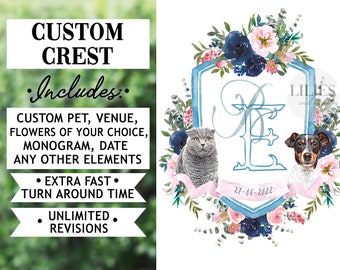 Custom Watercolor Wedding Crest with Pet Portraits, Wedding Monogram