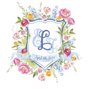 May include: Watercolor floral crest design featuring pink peonies, blue hydrangeas, and yellow flowers. The crest has a blue border and includes the initials "E" and "L" in a script font, with the date "April 6th, 2024" on a banner.