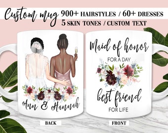 May include: White ceramic mug with a floral design and the text "Maid of honour for a day best friend for life". The back of the mug shows two women in wedding attire with the text "Ann & Hannah".