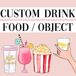 May include: A set of four illustrated food and drink items: a pink cocktail with a cherry and a straw, a cup of popcorn in a red and white striped container, a glass of water with a lemon slice, and a white to-go cup with the text "Hello Beautiful".
