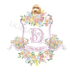 May include: A watercolor design featuring a light brown dog above a shield-shaped frame. The frame is adorned with pink, yellow, and blue flowers, with a large pink letter "D" in the center. Baskets of flowers and the date "May 3rd, 2024" are also included.