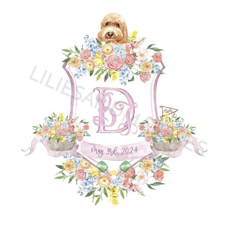 May include: A watercolor design featuring a light brown dog above a shield-shaped frame. The frame is adorned with pink, yellow, and blue flowers, with a large pink letter "D" in the center. Baskets of flowers and the date "May 3rd, 2024" are also included.