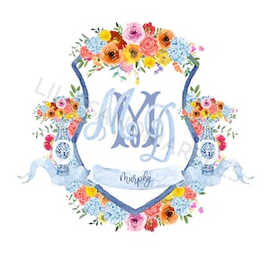May include: Watercolor floral crest design with the initials "MD" in light blue. The crest is surrounded by colorful flowers, blue ribbons, and two blue and white vases. The name "Murphy" is written on a banner.