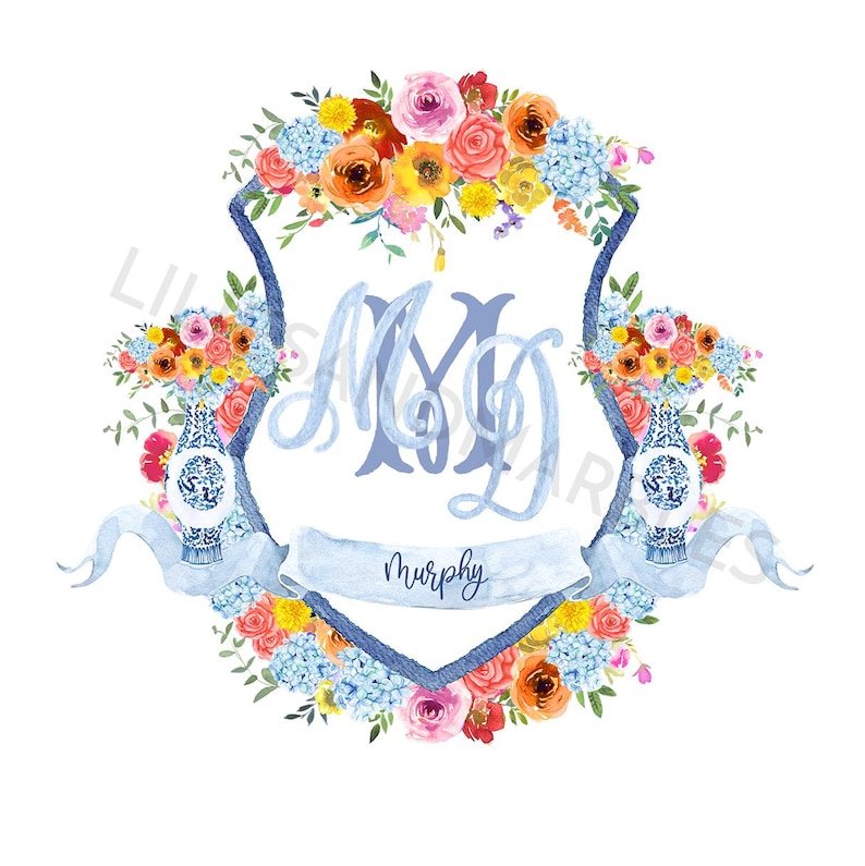 May include: Watercolor floral crest design with the initials "MD" in light blue. The crest is surrounded by colorful flowers, blue ribbons, and two blue and white vases. The name "Murphy" is written on a banner.