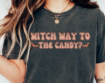 Witch Way To The Candy Lindo fantasma y camisa de calabaza, sudadera de otoño de Halloween de calabaza, camisa de cosas de Halloween, camisa de garabatos de Halloween