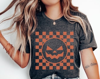 Camisa de Halloween a cuadros, linda camisa de fantasma y calabaza, sudadera de otoño de Halloween de calabaza, camisa de garabatos de Halloween, camisa de cosas de Halloween
