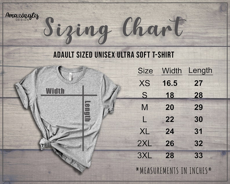 K&ouml;nnte beinhalten: Gr&ouml;&szlig;entabelle f&uuml;r ein Unisex-T-Shirt aus ultraweichem Stoff. Die Tabelle zeigt die Breite und L&auml;nge in Zoll f&uuml;r die Gr&ouml;&szlig;en XS, S, M, L, XL, 2XL und 3XL.