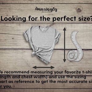 May include: A heather gray t-shirt with a knotted hem is displayed on a wooden background. The text "Looking for the perfect size?" is above the shirt. A measuring tape graphic and text below advise measuring a favorite t-shirt.