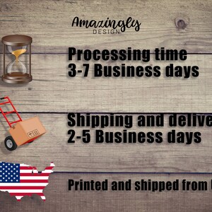 May include: An image with the text "Amazingly DESIGN". It also includes an hourglass, a red and black hand truck with a cardboard box, and a U.S. flag map. The text states "Processing time 3-7 Business days" and "Shipping and delivery 2-5 Business days".