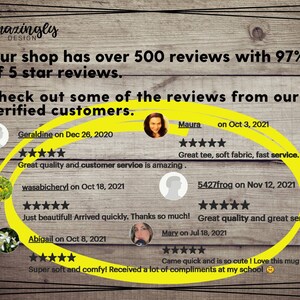 May include: Image showcasing customer reviews for a shop, with text overlay. The text reads "Our shop has over 500 reviews with 97% of 5 star reviews." Several customer reviews are highlighted, including comments about quality and service.