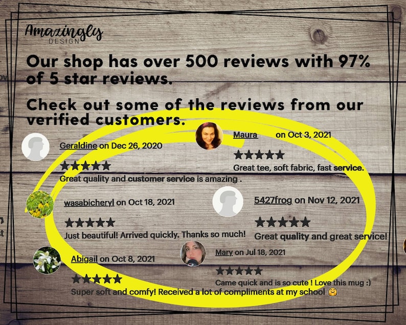 May include: Image showcasing customer reviews for a shop, with text overlay. The text reads "Our shop has over 500 reviews with 97% of 5 star reviews." Several customer reviews are highlighted, including comments about quality and service.