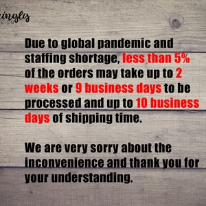 May include: Text on a woodgrain background stating: Due to global pandemic and staffing shortage, less than 5% of the orders may take up to 2 weeks or 9 business days to be processed and up to 10 business days of shipping time. We are very sorry about the inconvenience and thank you for your understanding.