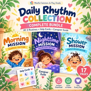 May include: Daily Rhythm Collection bundle featuring three routine guides: Morning Mission Sunrise Edition, Nighttime Mission Moonlight Edition, and Shower Mission Gentle Splash Edition, plus Help Cards and a Caregiver Guide with 17 pages.