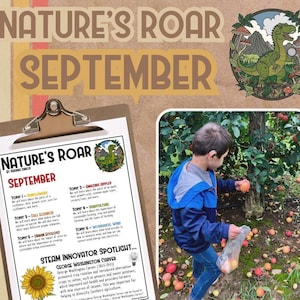 Peut inclure: Un presse-papiers brun avec une feuille de papier blanche intitulée "Nature's Roar" avec une liste de sujets pour septembre. Les sujets incluent les tournesols, les pommes, l'écologie automnale, l'écologie urbaine et le vent. Le bas de la feuille présente une image de tournesol et du texte sur George Washington Carver. Une photo d'un enfant cueillant des pommes dans un arbre est en arrière-plan.