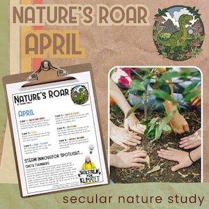 Peut inclure: Une feuille de travail imprimable intitulée "Nature's Roar" avec une liste de sujets pour un programme d'étude de la nature d'avril. Les sujets comprennent "Les oiseaux de la cour", "Les oiseaux en vol", "Le recyclage", "Les vers", "Les nuages" et "La lumière". La feuille de travail présente également une photo de Greta Thunberg, une militante environnementale suédoise, et le texte "STEAM Innovator Spotlight... Greta Thunberg".