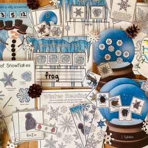 May include: A collection of winter-themed educational resources for children, including a snowflake identification chart, a word building mat, a winter reading chart, and a snow globe craft. The resources feature colorful illustrations and engaging activities.