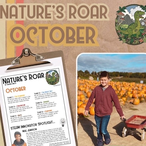 Peut inclure: Une feuille de travail imprimable intitulée "Nature's Roar" pour octobre. La feuille de travail comprend des sujets sur le cosmos, le ciel nocturne, notre lune, les marées terrestres et les citrouilles. Un éclairage sur l'innovateur STEAM met en lumière Mae Jemison, la première femme afro-américaine à voyager dans l'espace. Une photo d'un jeune garçon dans un champ de citrouilles est montrée.
