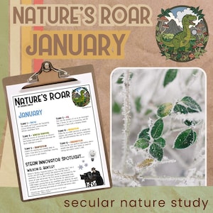 Peut inclure: Une feuille de travail imprimable pour une unité d'étude de la nature intitulée "Nature's Roar : Janvier". La feuille de travail présente une illustration de dinosaure et une liste de sujets pour chaque semaine de janvier, notamment la neige, la survie en hiver, la compétition, la migration, l'hibernation et la lumière. La feuille de travail met également en lumière Wilson A. Bentley, connu sous le nom de "l'homme des flocons de neige".