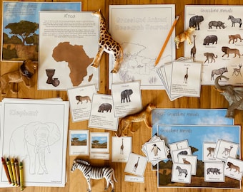May include: A set of educational materials for learning about African grasslands. The set includes a map of Africa, a research journal, animal cards, and coloring pages. The cards feature images of animals like elephants, giraffes, zebras, and lions. The coloring pages feature an elephant and a zebra.