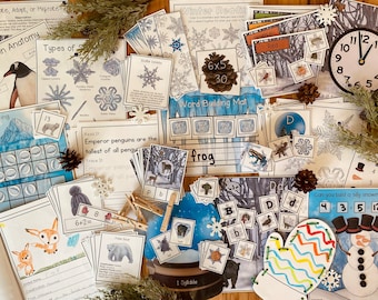 May include: A collection of winter-themed educational resources for children, including worksheets, flashcards, and activity cards. The resources feature images of penguins, snowflakes, snowmen, and other winter-related themes. The text on the cards includes words like "Emperor penguins", "Types of snowflakes", and "Can you build a silly snowman?"