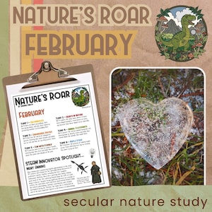 Peut inclure: Une feuille de travail imprimable pour une unité d'étude de la nature de février appelée "Nature's Roar" par Rosing Dinos. La feuille de travail comprend des sujets tels que "Sorts in Nature", "Dinosaur Footprints", "Fun with Fossils", et "Maple Syrup". Elle met également en lumière Mary Anning, une paléontologue pionnière.