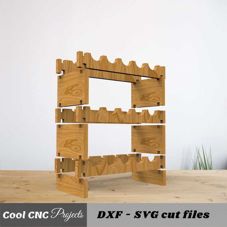 May include: A three-tiered wooden wine rack with a decorative design. The rack is made of natural wood and has a rustic look. The rack is designed to hold wine bottles. The image includes the text "Cool CNC Projects" and "DXF - SVG cut files".