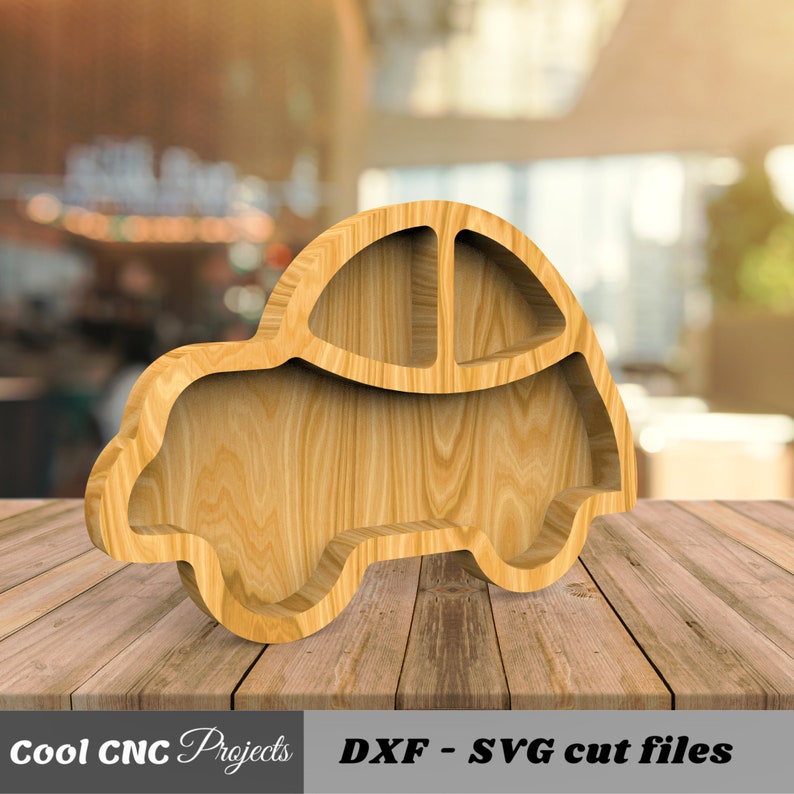 K&ouml;nnte beinhalten: Holzregal in Autoform mit drei F&auml;chern. Das Regal ist aus hellbraunem Holz und hat eine nat&uuml;rliche Holzoptik. Das Regal ist f&uuml;r die Wandmontage konzipiert.  DXF - SVG cut files.