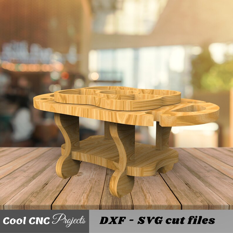May include: Wooden serving cart with a top shelf and a lower shelf. The cart has a unique design with curved legs and a cutout handle. The cart is made of light brown wood.