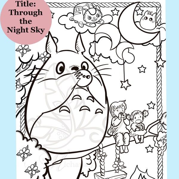 Studio Ghibli colouring page /Totoro/Instant Download/Night Sky Theme/ For Kids and adult /Studio Ghibli/Digital art apps/Kids Activity/ PNG