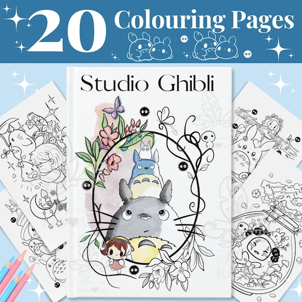 20 Kleurplaat, bundel, ontspannend en creatief, Studio Ghibli Totoro, afdrukbaar, bloemen, cadeau, kinderen, volwassen vrouwen, digitale kunst, PDF|JPG|PNG