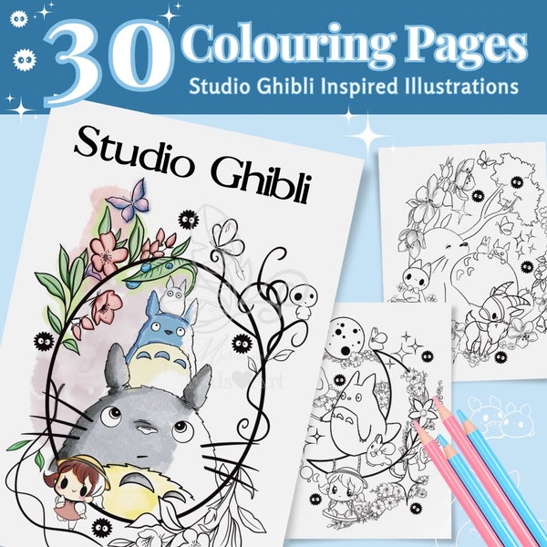 30 Colouring Bundle Studio Ghibli Totoro Relaxing, Printable pages, Floral, Gift, Kids, Adult women ,Digital Art, PDF|JPG|PNG