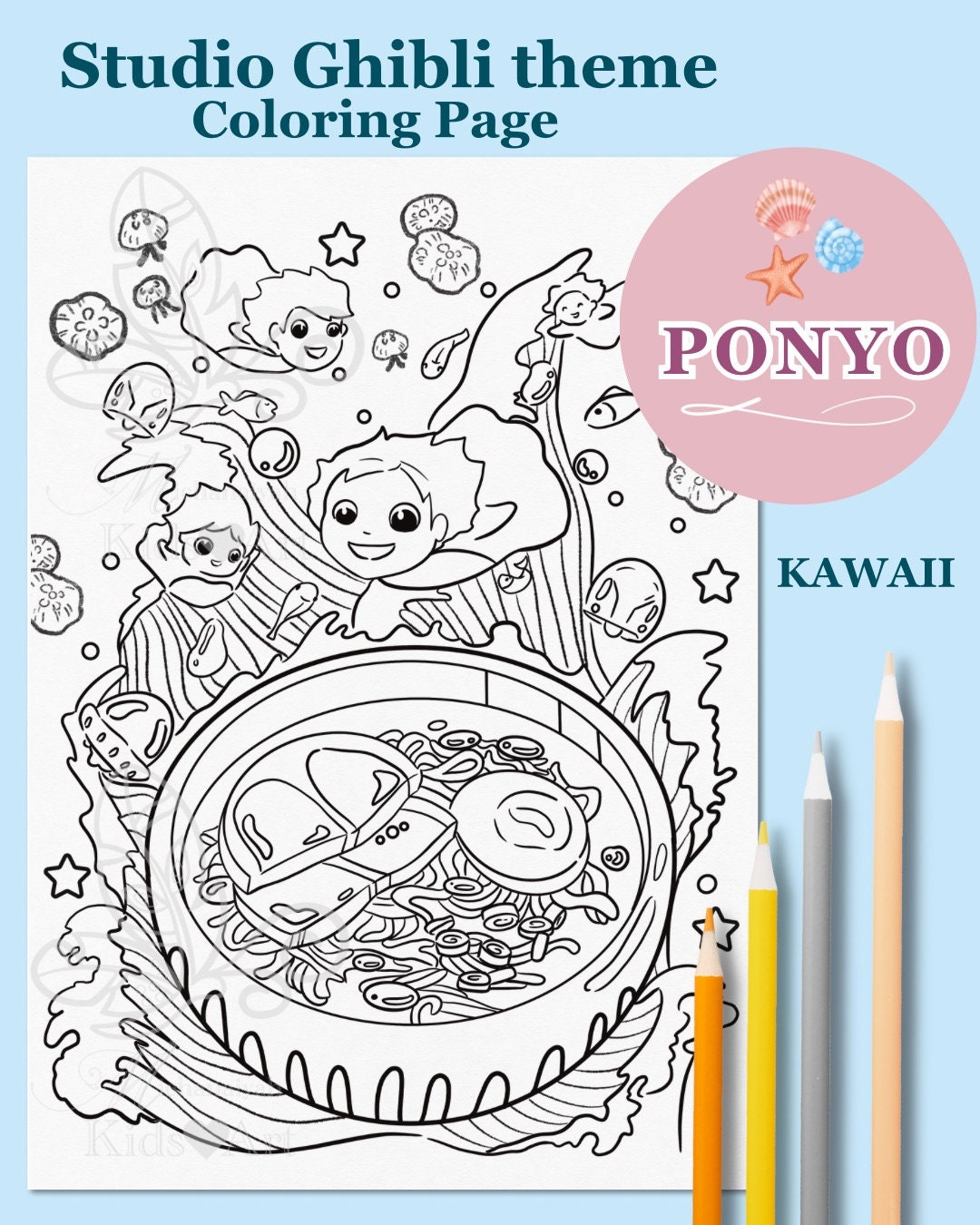 Studio Ghibli Coloring Page, Ponyo, Under the Sea, Mermaid, Japanese