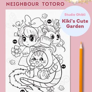 Cute Kiki&#39;s Delivery Coloring page | Relaxing & Creative  | Studio Ghibli | Printable | Floral Drawing | Kids | Adult  | Totoro | Kawaii