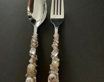 couture SALAD SERVERS Black special occasion Gold and Silver Beaded Wire Wrapped Salad Server Set custom tabletop bridal gift